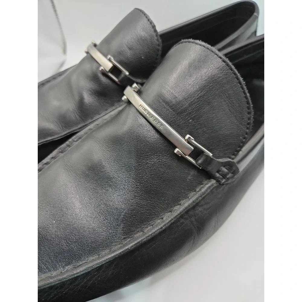 Hugo Boss Mens Black Leather Bit Loafers‎ Dress Shoes Silver Hardware Slip On